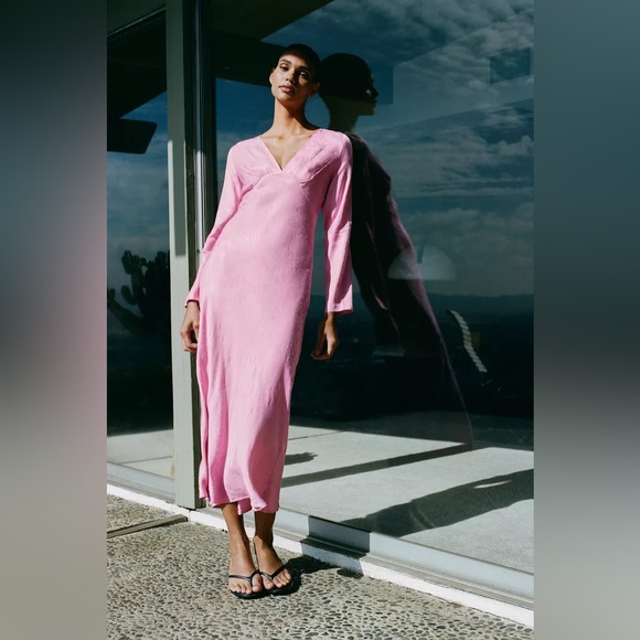 Zara maxi midi dress kimono Long Sleeve flowy bottom bohemian pink summer - Picture 9 of 12